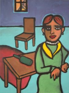 This is an acrylic on canvas painting by Adrian Daniel Schramm of a trans woman standing in a green dress against a teal carpet with a spilled bottle of wine in the style of German Expressionism