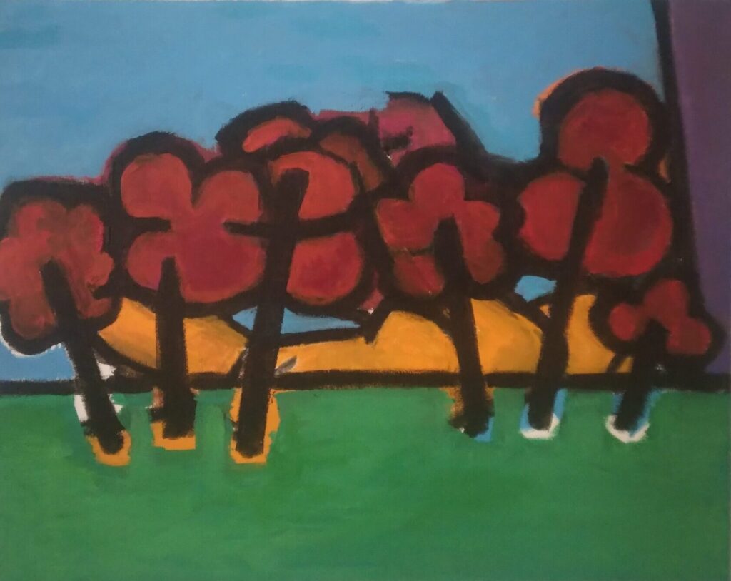 This is an acrylic painting on canvas of red poppies in the German Expressionist style by Adrian Daniel Schramm