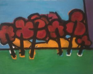 This is an acrylic painting on canvas of red poppies in the German Expressionist style by Adrian Daniel Schramm