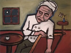 This is an acrylic painting on canvas in the German Expressionist style of a chef in white hat and coat resting after his shift against a green background