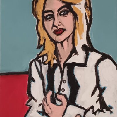 This is an acrylic painting on cavas of a woman country singer with blonde hair in a white button down shirt and black tie against a red and blue background