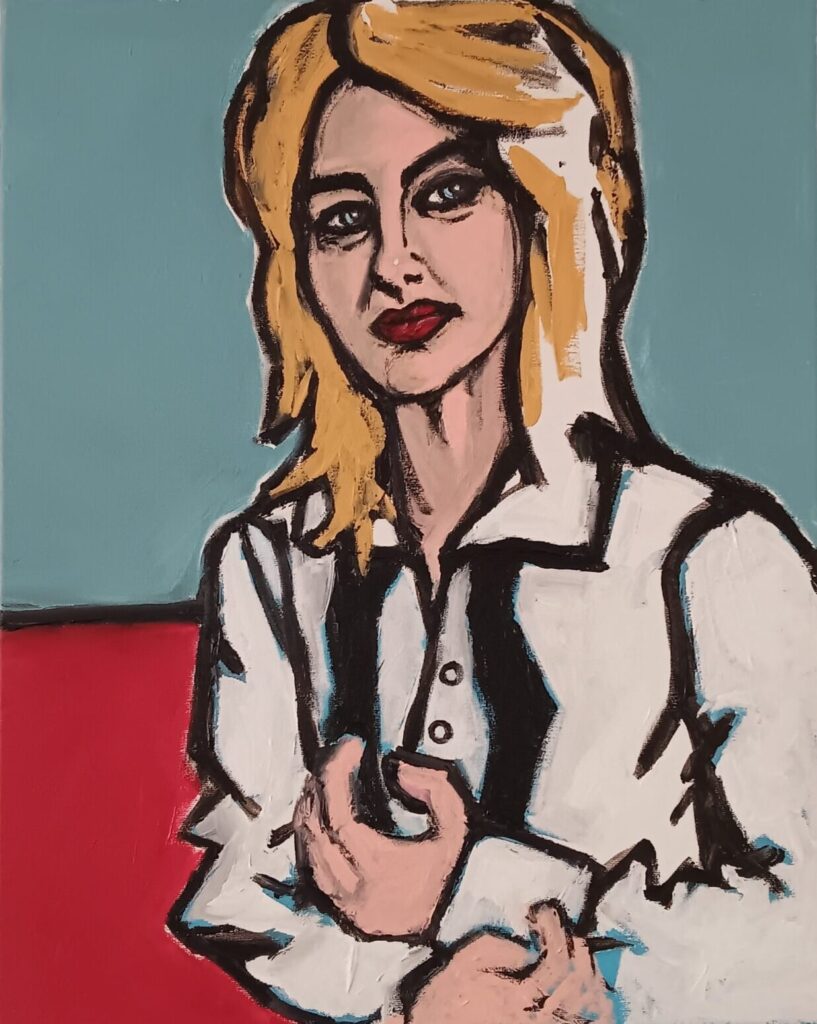 This is an acrylic painting on cavas of a woman country singer with blonde hair in a white button down shirt and black tie against a red and blue background