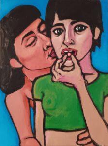 This is an acrylic painting on canvas of two woman in love, both with dark hair, one standing behind and kissing the girl in front of her on the cheek