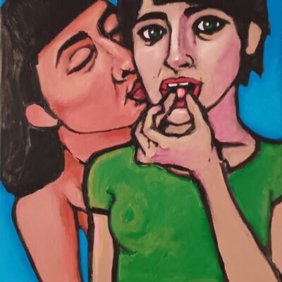 This is an acrylic painting on canvas of two woman in love, both with dark hair, one standing behind and kissing the girl in front of her on the cheek