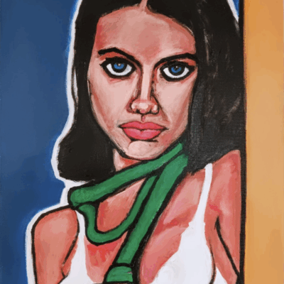 This is a painting by Adrian Daniel Schramm of a woman in a green scarf staring straight ahead at the viewer. It is painted on canvas using acrylic paints.