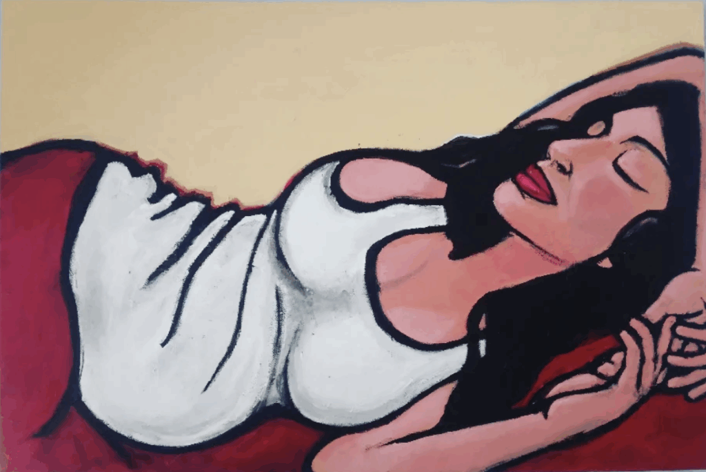 This is an acrylic painting on canvas of a pregnant woman resting by Adrian Daniel Schramm