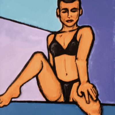 This is an acrylic painting on canvas of a man in drag in the style of Expressionism