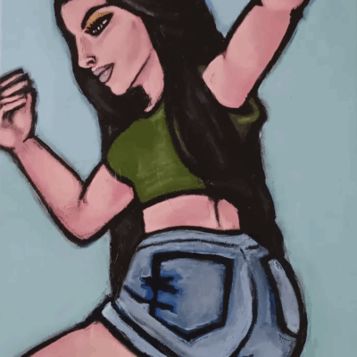 This is a painting of a girl twisted to the right and looking left on canvas using acrylic paint. She has long dark hair, a green shirt, and jeans shorts.