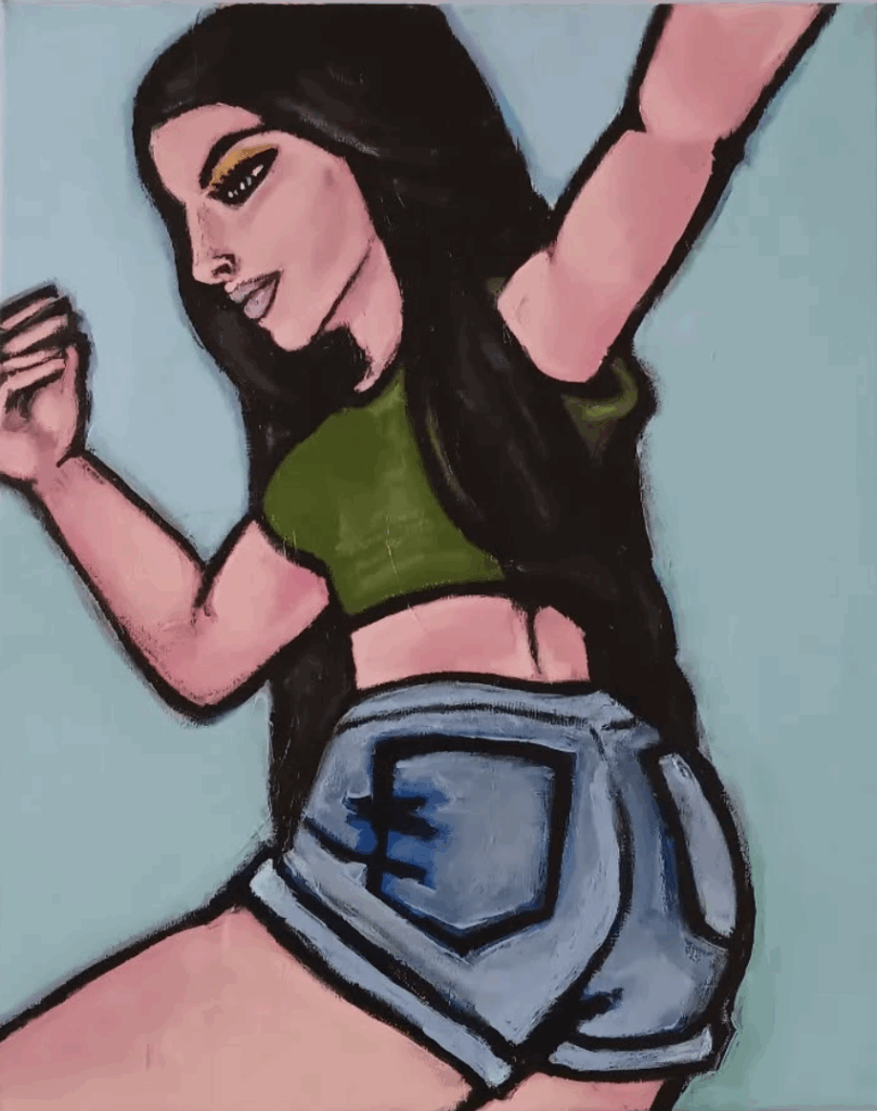 This is a painting of a girl twisted to the right and looking left on canvas using acrylic paint. She has long dark hair, a green shirt, and jeans shorts.