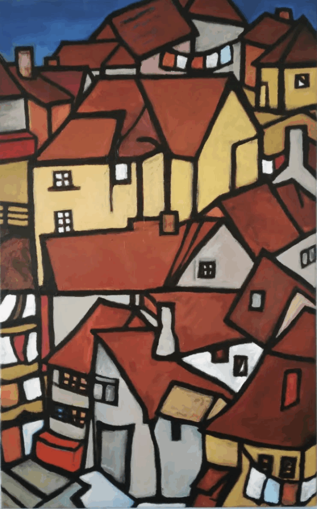 This is a painting in the German Expressionist style of a town crescent, after Egon Schiele