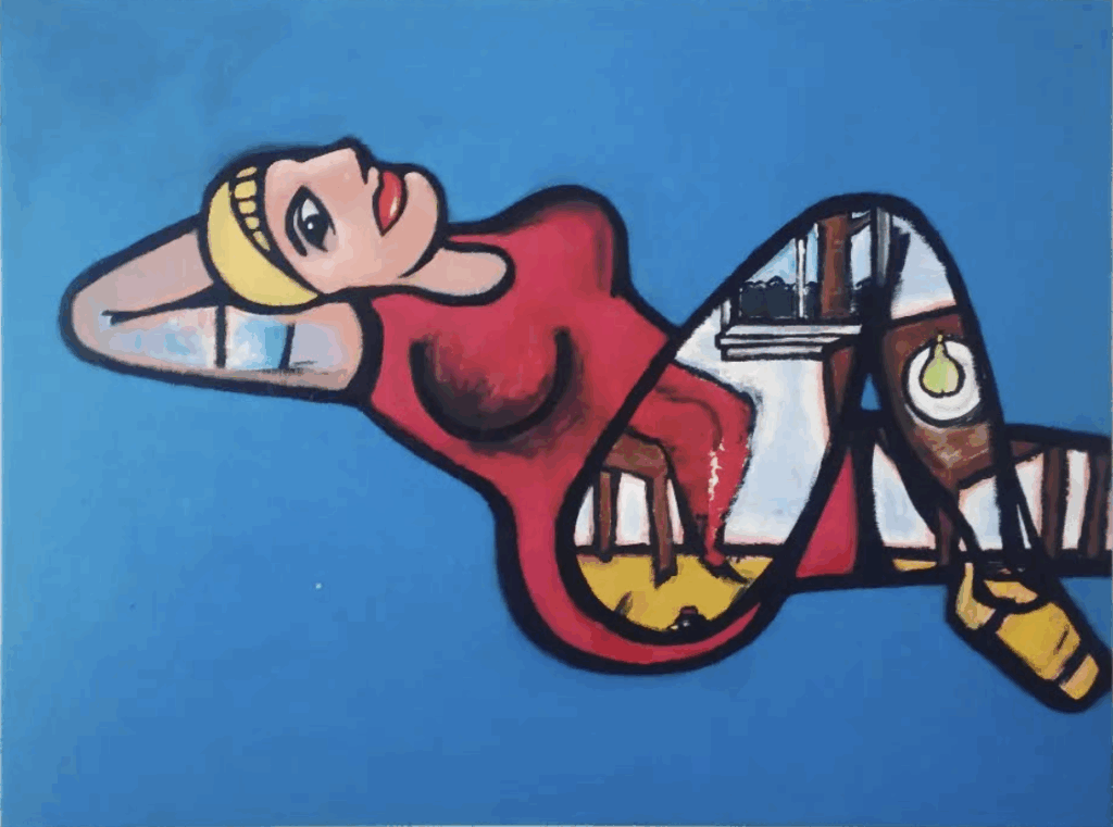 This is a painting in the style of German Expressionism painted on canvas with acrylic paint. It is of a woman in a red bathing suit with a yellow swimming cap against a blue background