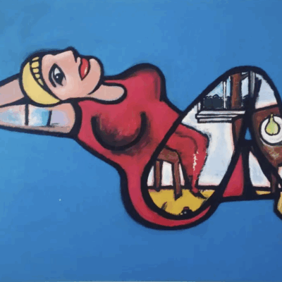 This is a painting in the style of German Expressionism painted on canvas with acrylic paint. It is of a woman in a red bathing suit with a yellow swimming cap against a blue background