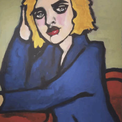 This is a picture of a woman waiting at a cafe table painted with acrylics on canvas in an Impressionist style