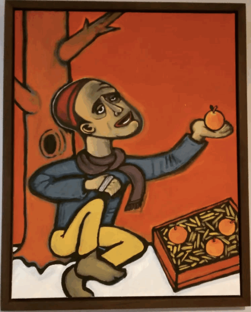 This is an acrylic painting on canvas in the German Expressionist style of a poor man selling apples next a tree