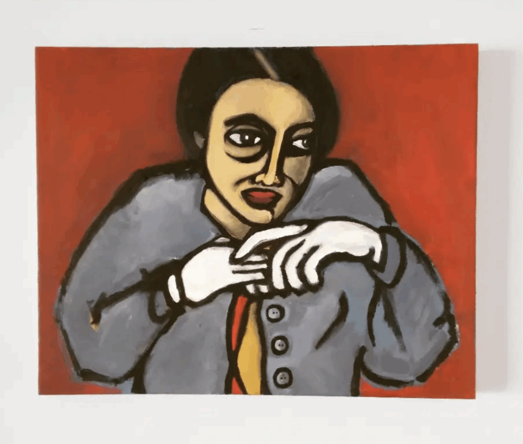 This is an acrylic painting on canvas in the style of German Expressionism of my grandmother wearing white gloves against a red background