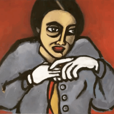 This is an acrylic painting on canvas in the style of German Expressionism of my grandmother wearing white gloves against a red background