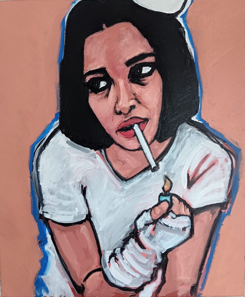 This is an acrylic painting on canvas of a girl lighting a cigarette with an irritated look on her face as she stares to the left