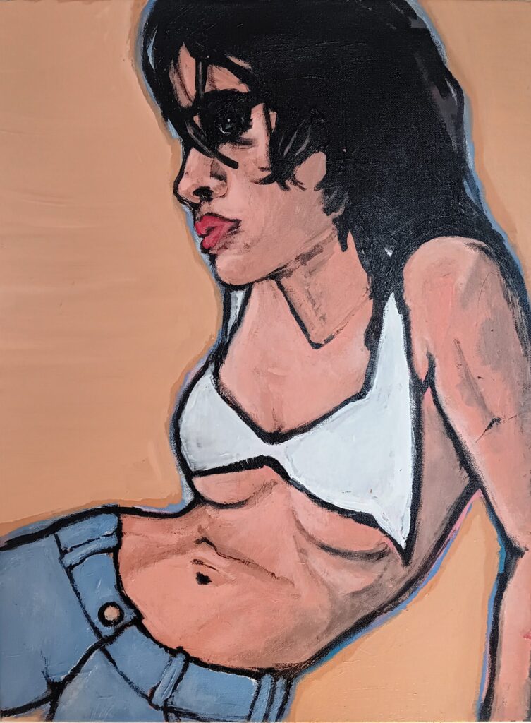 This is an acrylic painting on canvas by Adrian Daniel Schramm of a woman with dark hair holding herself in a dance position, wearing a white bralette and blue jeans against a yellow ochre background