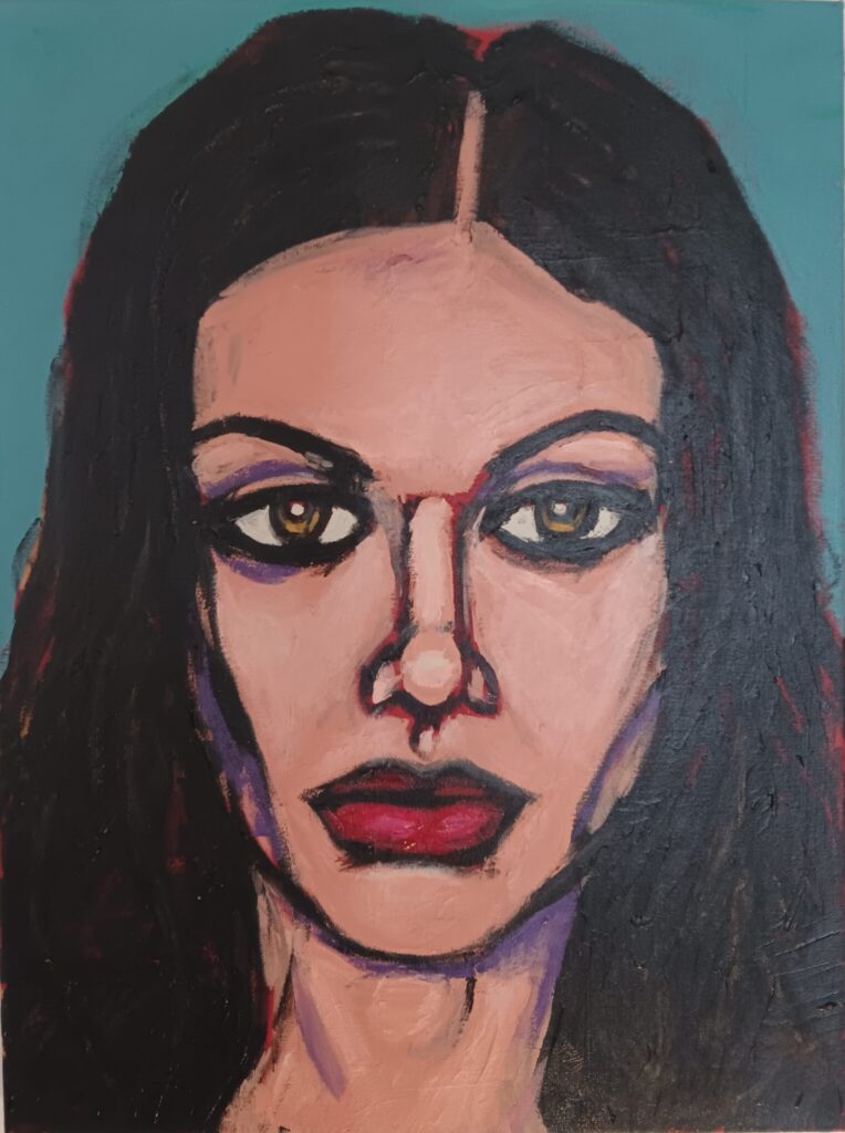 This is an acrylic painting on canvas by Adrian Daniel Schramm of a severe-looking Soviet woman staring straight ahead at the viewer