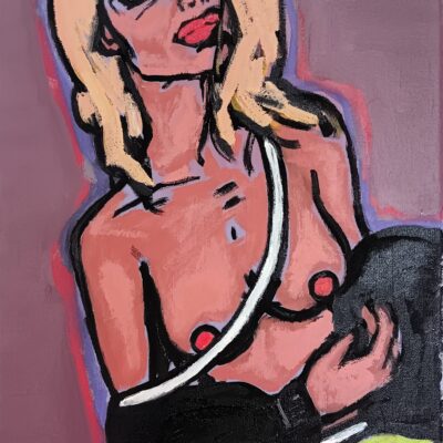 This is an acrylic painting on canvas by Adrian Daniel Schramm of a half nude blonde woman who has just come from a party