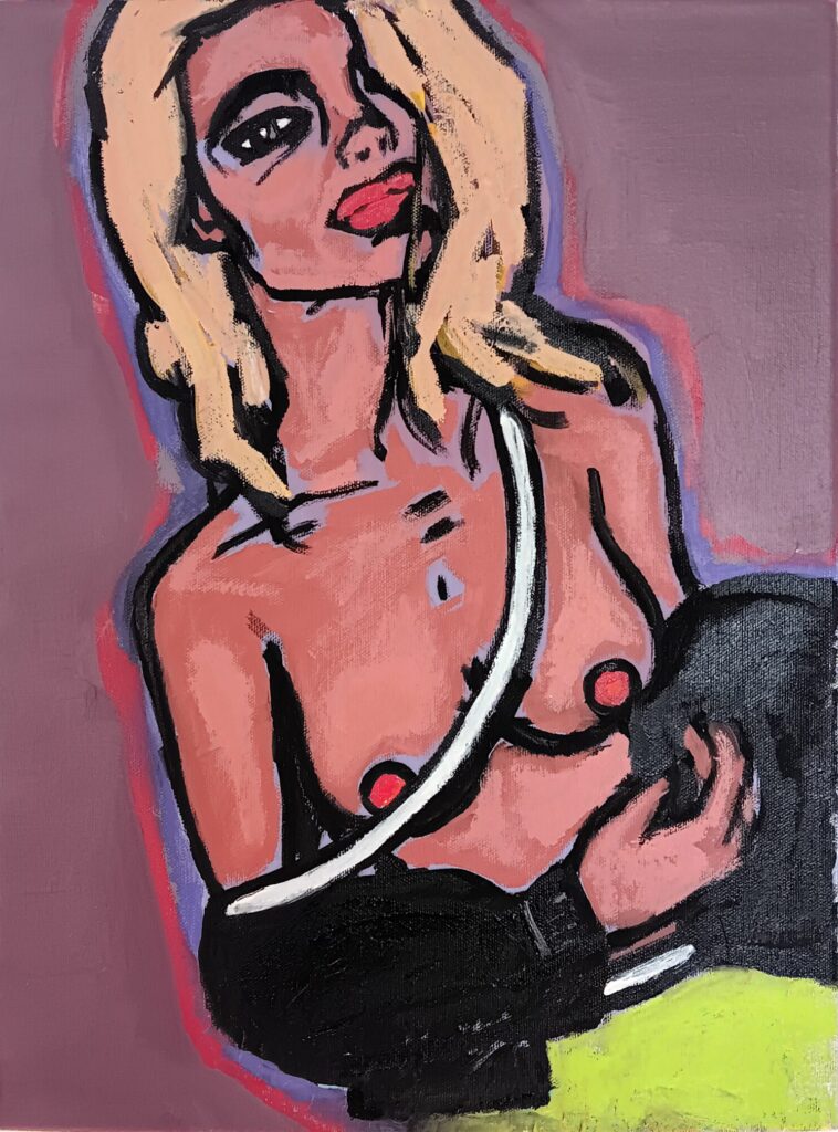 This is an acrylic painting on canvas by Adrian Daniel Schramm of a half nude blonde woman who has just come from a party