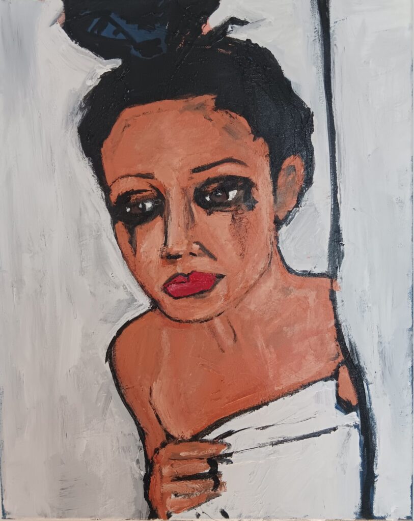 This is an acrylic painting on canvas of a woman in a white towel against a white background with a sad look on her face, reminiscent of Pagliacci the clown