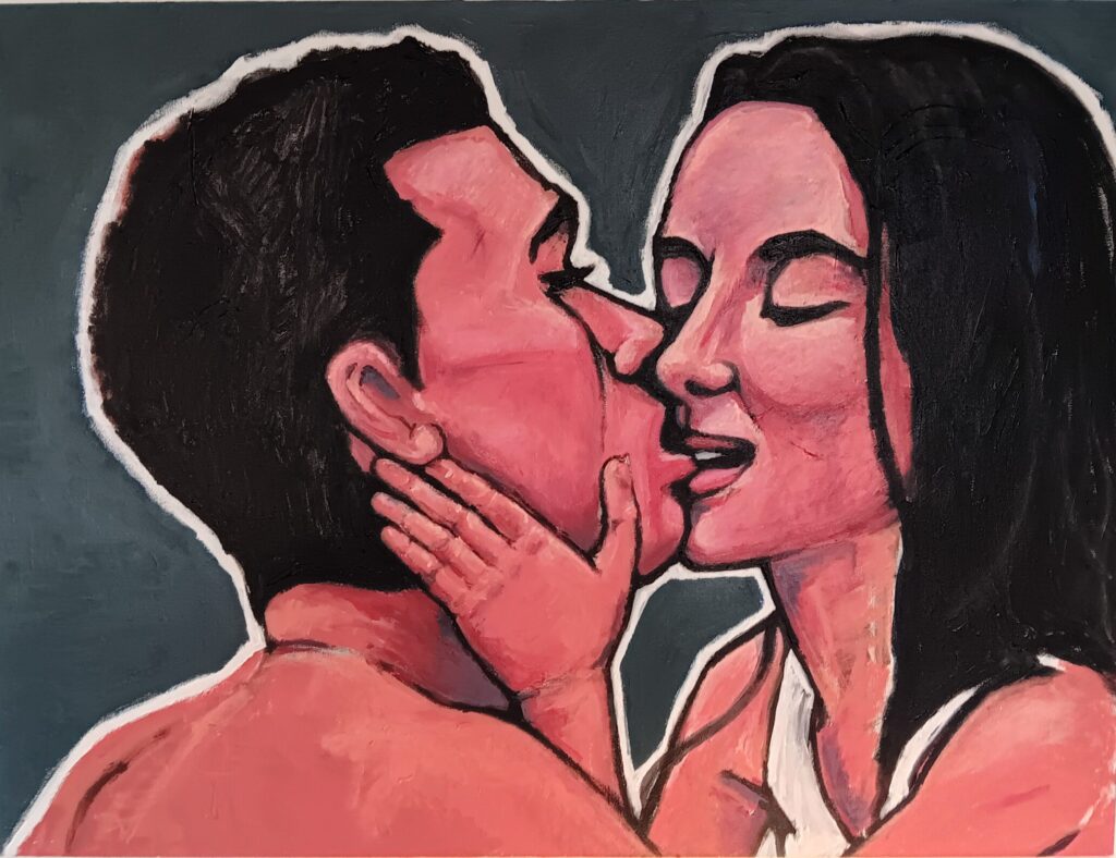 This is an acrylic painting on canvas by Adrian Daniel Schramm of two dark haired lovers, a man and a woman, locked in a passionate kiss