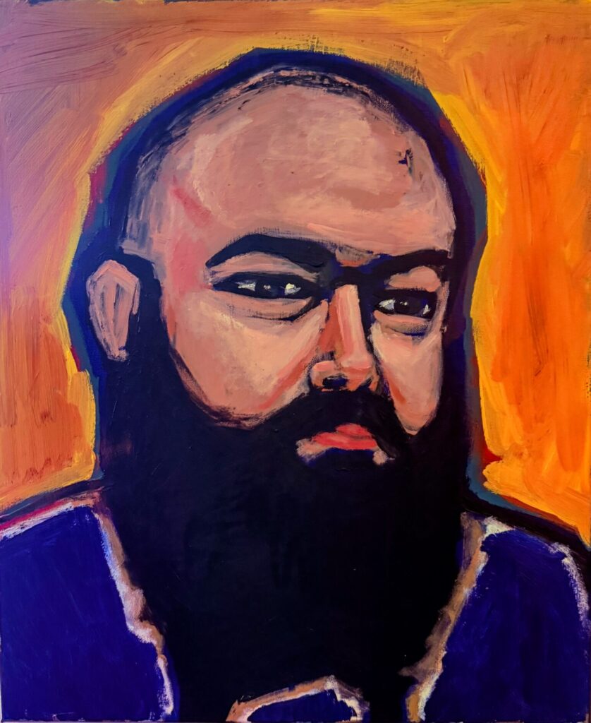 This is an acrylic painting on canvas. It is a portrait of Justin Mitchell, who passed away sadly in 2025.