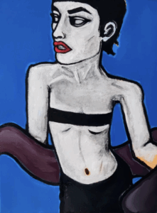 This is an acrylic painting on canvas of a woman, black and white, holding a purple scarf against a blue background, looking to the left with a scowl on her face