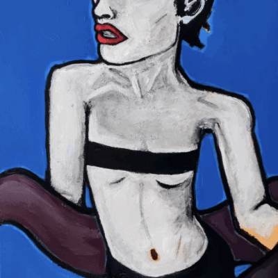 This is an acrylic painting on canvas of a woman, black and white, holding a purple scarf against a blue background, looking to the left with a scowl on her face