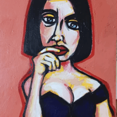 This is an acrylic painting painted in the style of German Expressionism on canvas. It is of a woman holding her puse with her finger to her lip against an orange background.