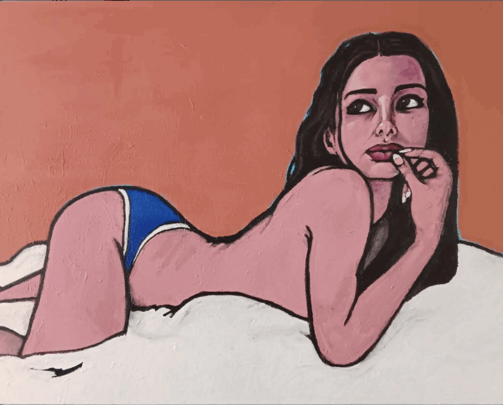 This is an image of a trans woman painted in acrylic paint on canvas. She is nude except for blue undergarments, sitting in white snow against an orange background