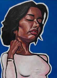 This is an image of a woman painted with acrylic paint on a canvas. She has hazel skin and dark hair and is wearing a white shirt, holding her fingers to her neck with her eyes closed as though lost in thought.