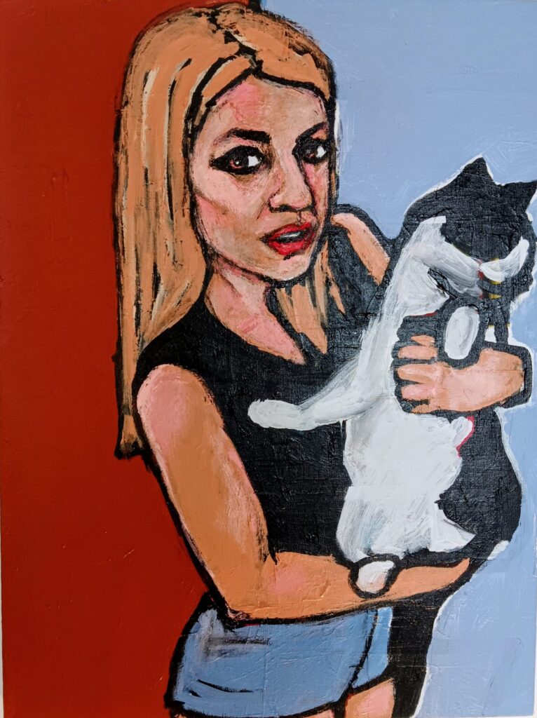 This is an acrylic painting on canvas by Adrian Daniel Schramm with a red and blue background. It is of a blonde girl, age 22, holding her cat