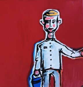 This is a painting done with acrylics on canvas of a stylized chef with blonde hair against a red background, painted by Adrian Daniel Schramm