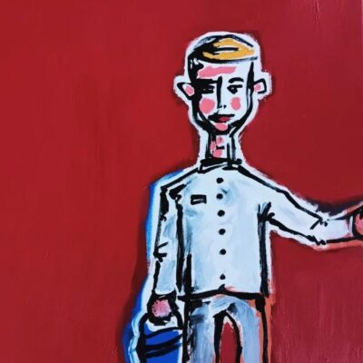 This is a painting done with acrylics on canvas of a stylized chef with blonde hair against a red background, painted by Adrian Daniel Schramm
