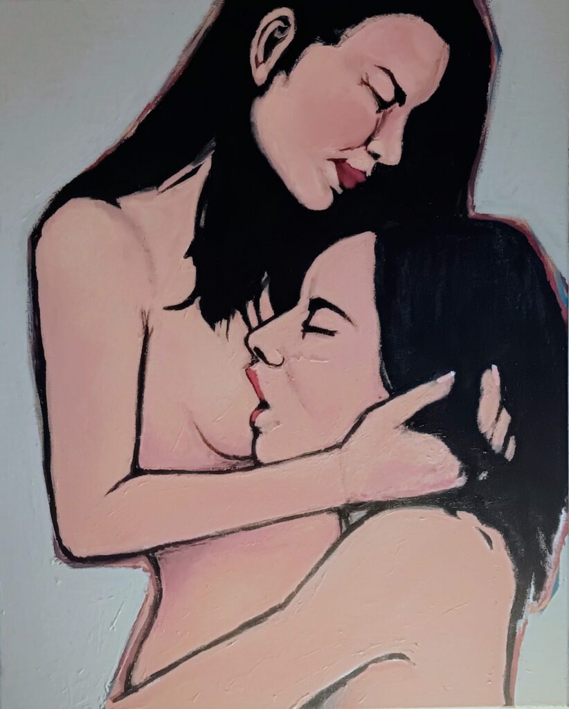 This is an acrylic painting of a mother holding her son, painted in St. Paul, Minnesota by Adrian Daniel Schramm